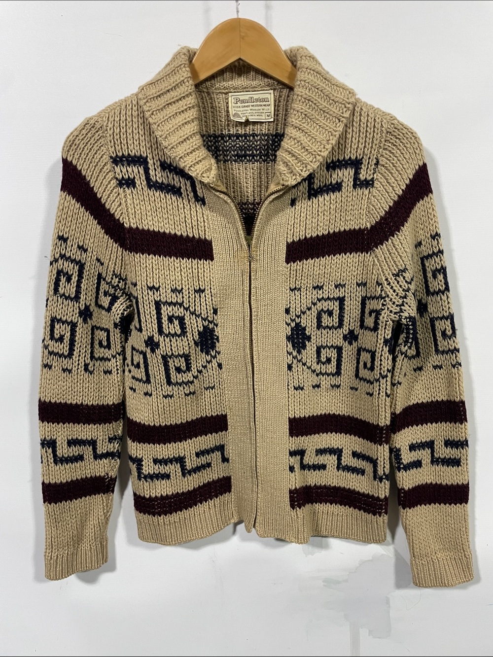 Vintage 1970s Pendleton Beige Zip Collar Sweater Navy and Burgundy Patterns